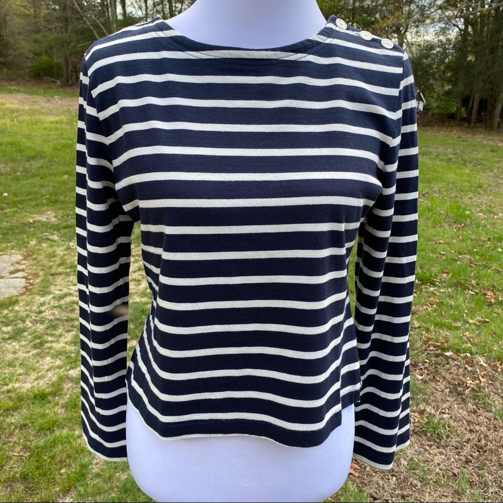 LAURA ASHLEY TOP TEE LONG SLEEVE BLUE CREAM STRIPE SIZE M